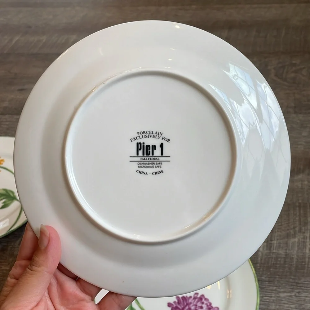 Pier 1 Fall Floral Collection Porcelain Salad  Bread Plates Set of 3 Mums 7.75”